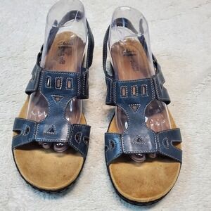 Clarks Blue Leather Tan Strappy Classic Casual Boho Open‎ Toe Sandals Women 10